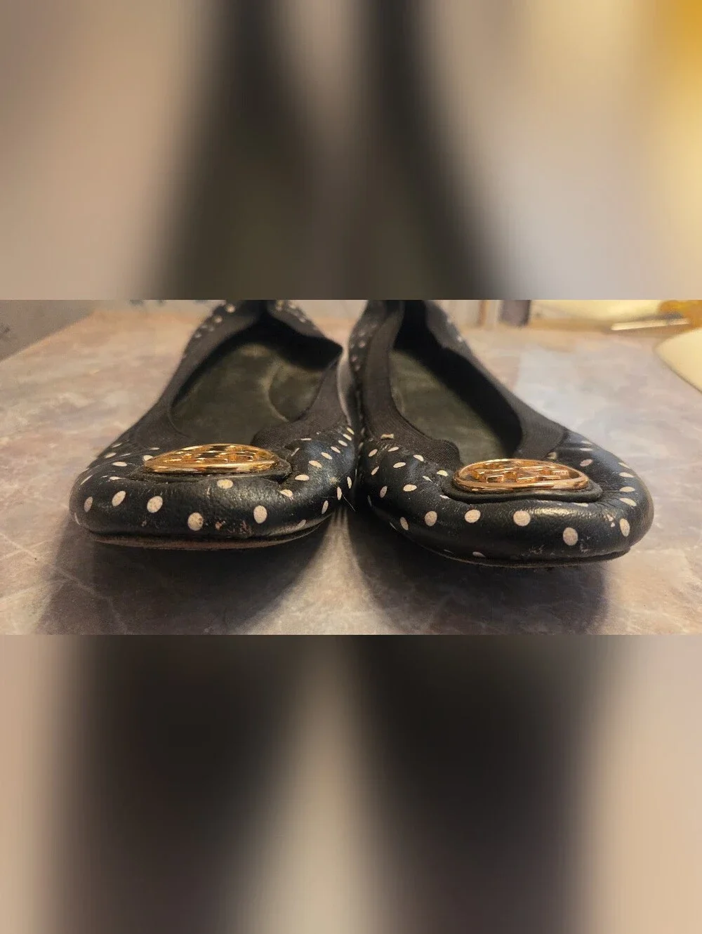 Tory Burch Black Polka Dot  Ballet Flats with Gold Logo